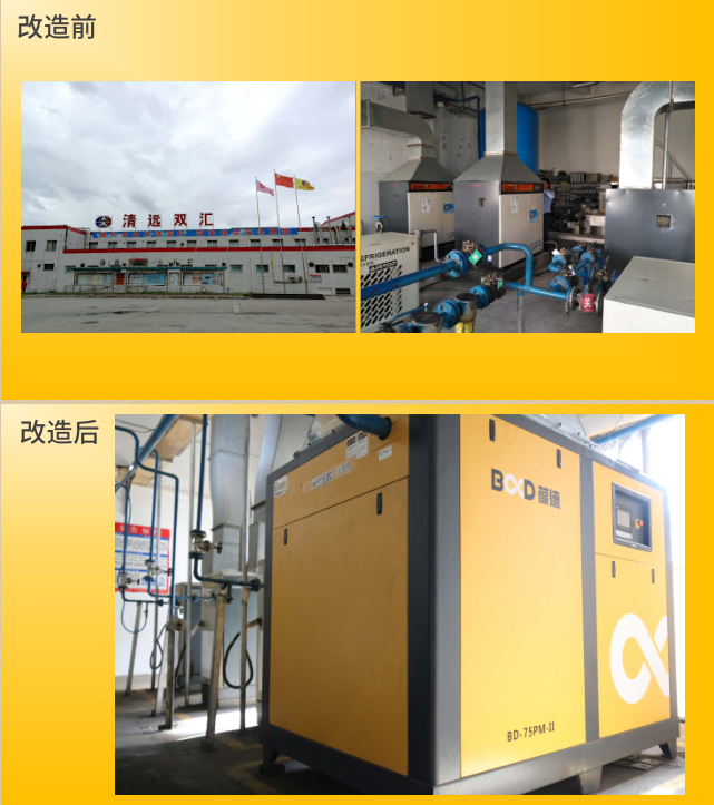 雙匯食品經葆德節(jié)能空壓機改造前后現(xiàn)場對比圖